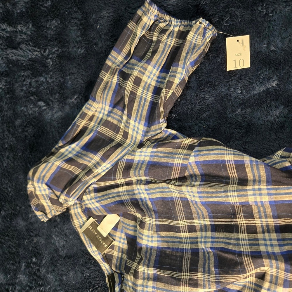 Donna Morgan One Shoulder Plaid Linen Blend Ruffle Dress Blue Tan Womens 10 NEW - Picture 8 of 9